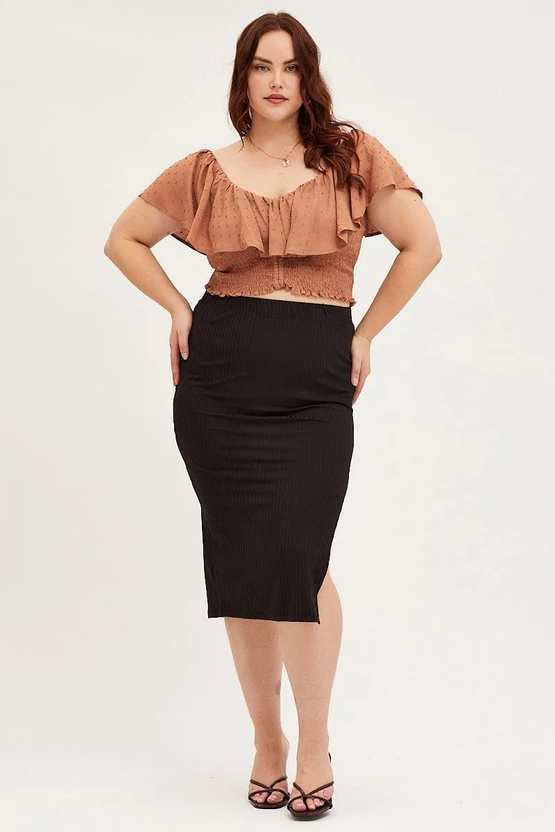 Modern Chic Material Innovation Brown Midi Bodycon Skirt Rib