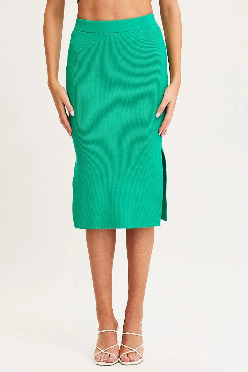 Personality Style Green Knit Skirt Midi Side Split
