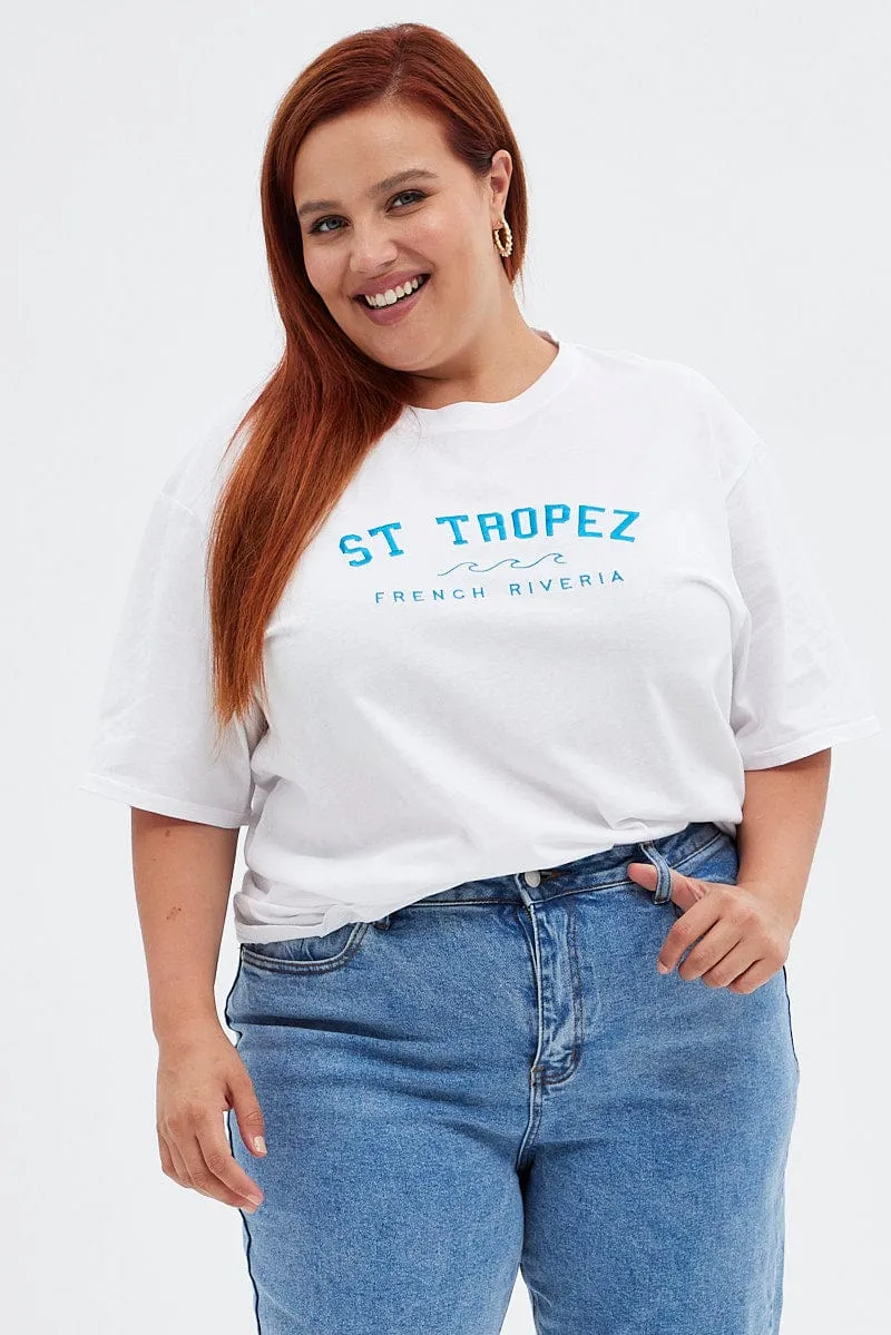 White Graphic T-shirt Embroidered St Tropez brandable Bold Statement