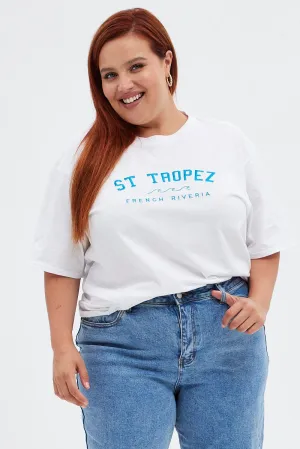 White Graphic T-shirt Embroidered St Tropez brandable Bold Statement