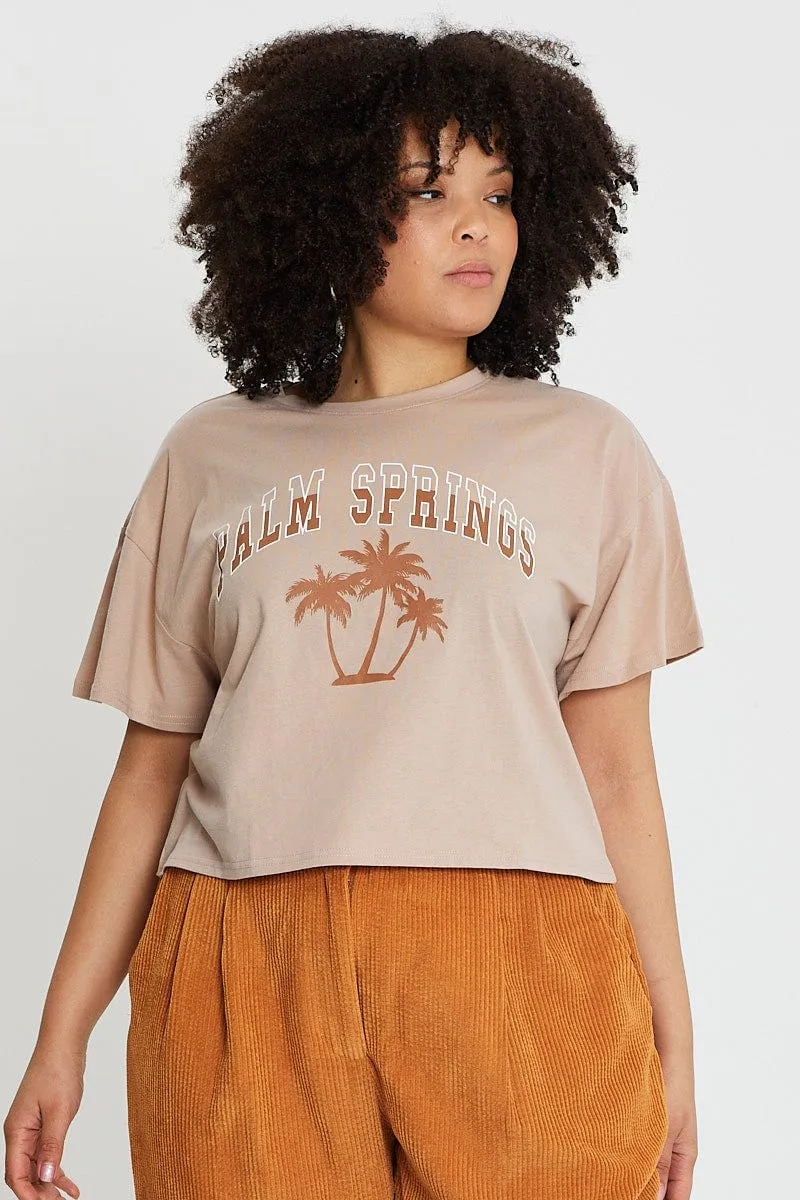 Pink Graphic T-shirt Palm Springs Crew Neck Cotton Everyday Comfort Style