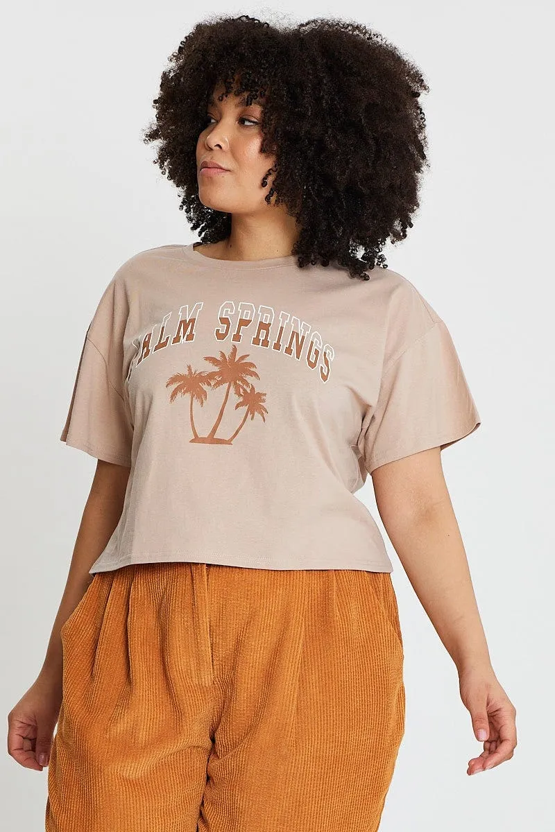 Fit For Movement Pink Graphic T-shirt Palm Springs Crew Neck Cotton