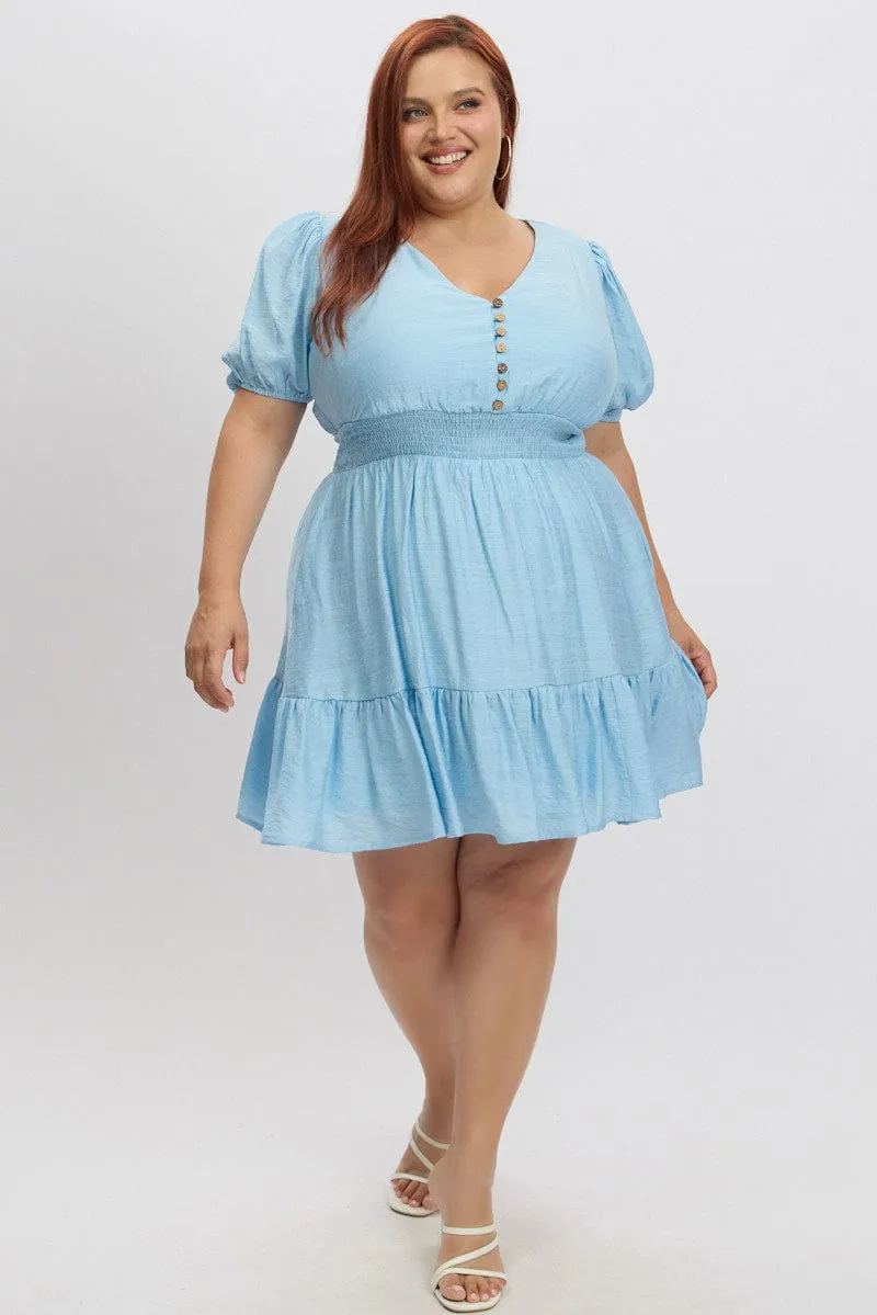 Effortless Style Blue Shirred Waist Button Mini Dress