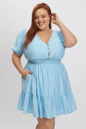 Blue Shirred Waist Button Mini Dress Layer Free Playful Design