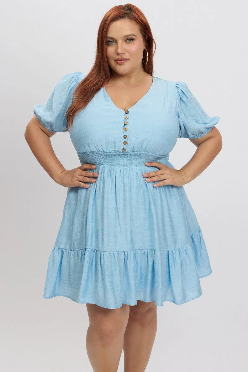 Blue Shirred Waist Button Mini Dress Weekend Style Weekend Look