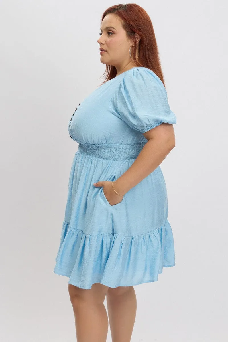 Glow Sharp Modern Muse Blue Shirred Waist Button Mini Dress