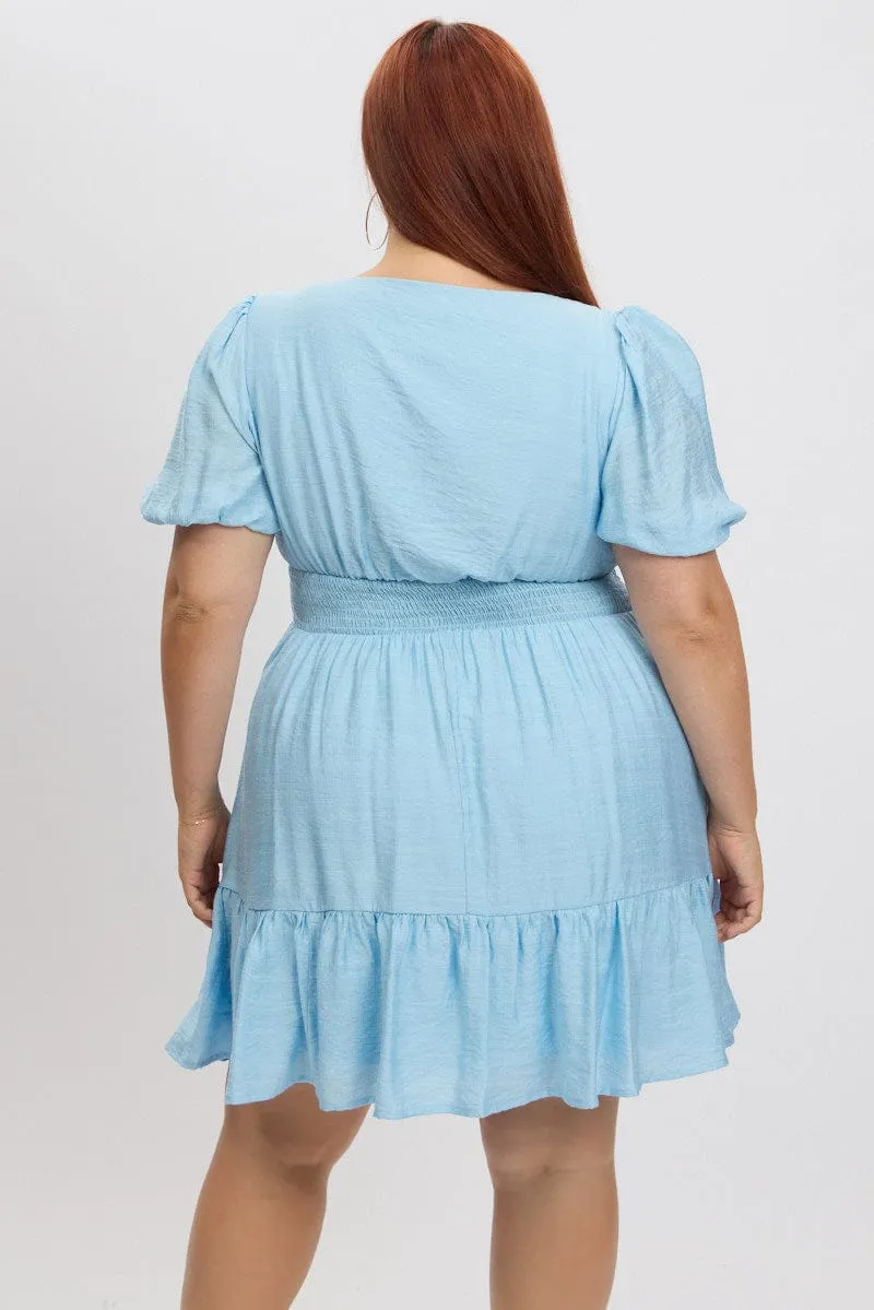 Blue Shirred Waist Button Mini Dress Flirty summer piece Flirty Design
