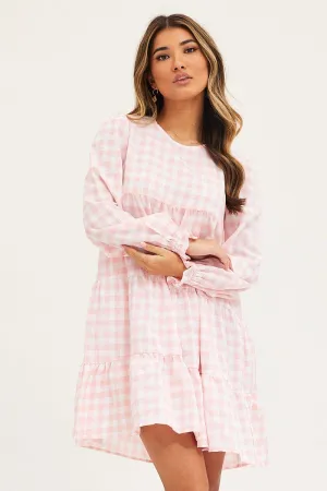 Check Mini Dress Long Sleeve Round Neck Hot Star Elegant Wear