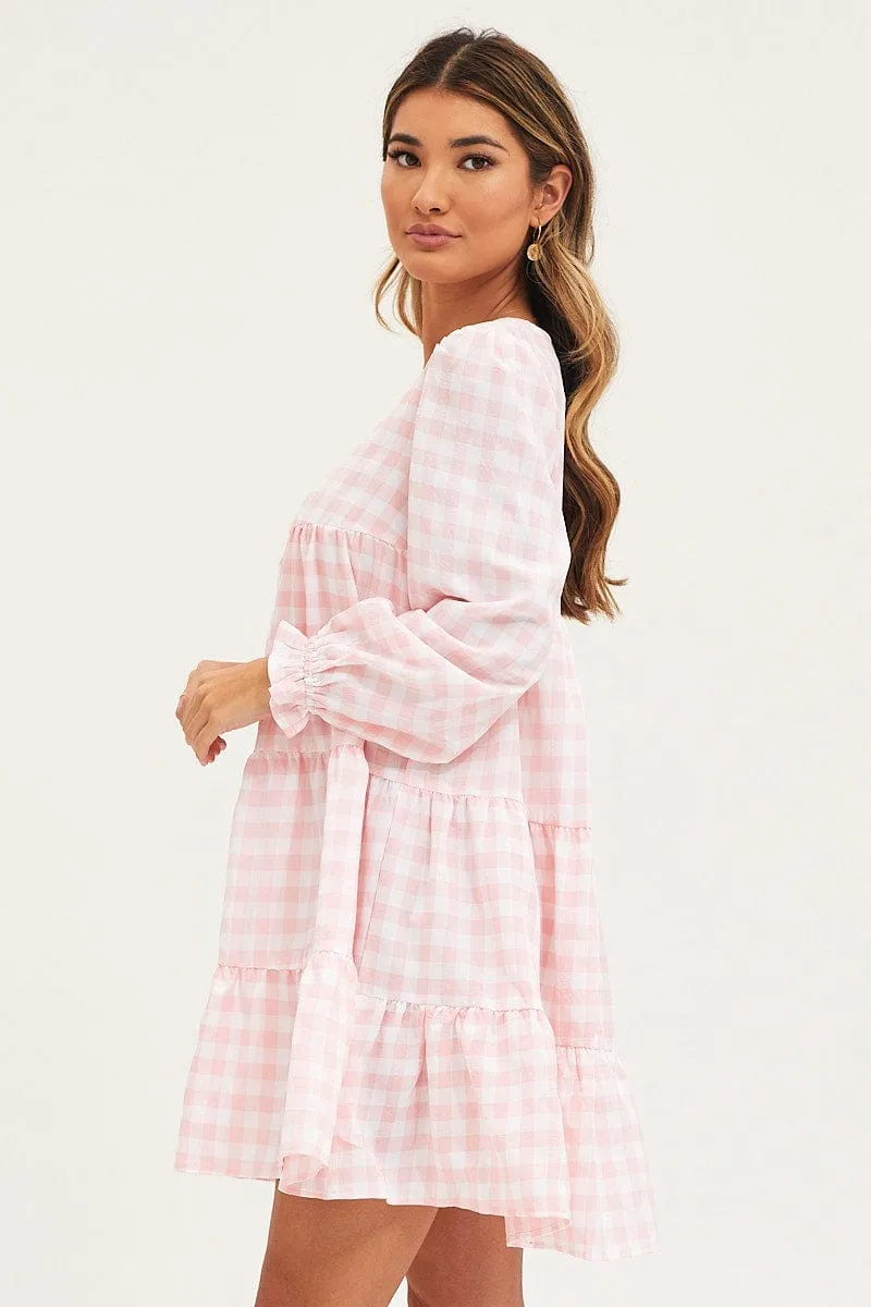 Star Heat Check Mini Dress Long Sleeve Round Neck