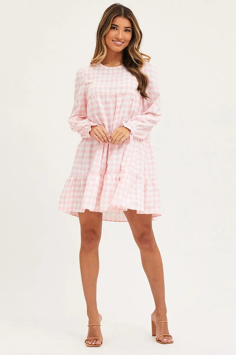 Casual Day Look Check Mini Dress Long Sleeve Round Neck
