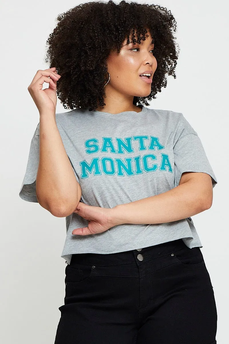Grey Crop T-shirt Santa Monica Short Sleeve Semi Street Casual Look