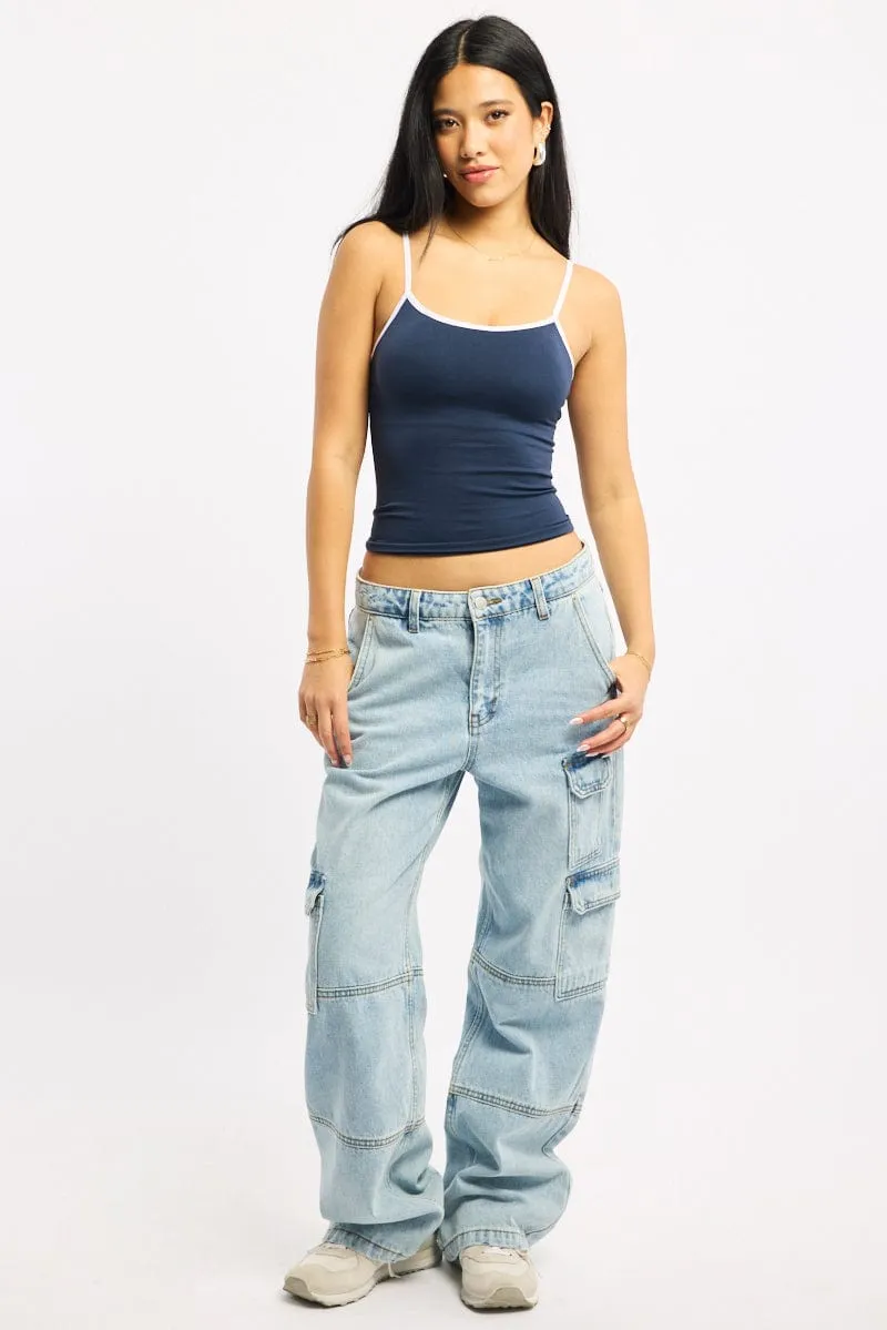 Blue Singlet Top Contrast Binding Seamless Warm Vest