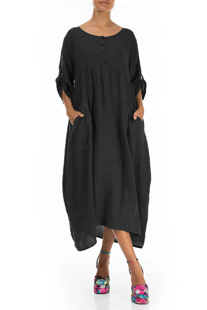 Eco Core Smart Design Buttoned Black Linen Dress
