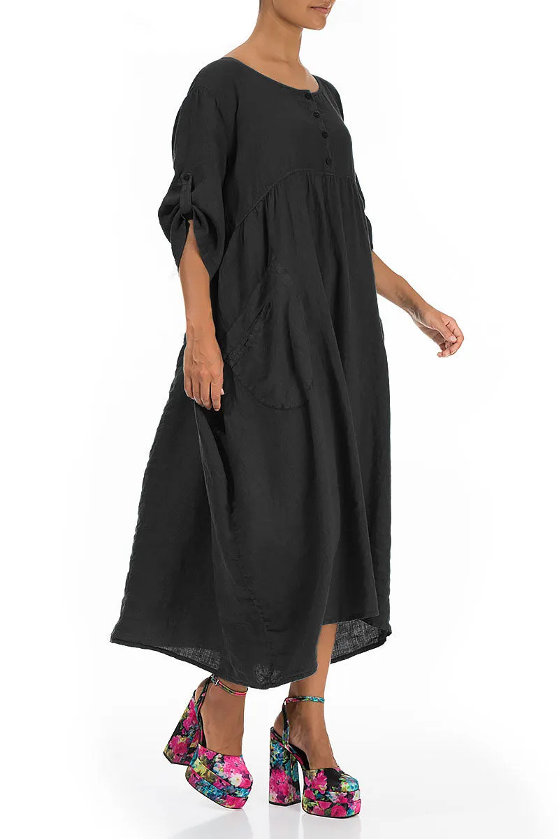 Buttoned Black Linen Dress Sheer Fit
