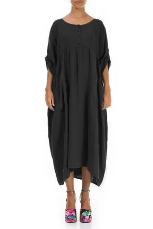 Buttoned Black Linen Dress Spring Glow