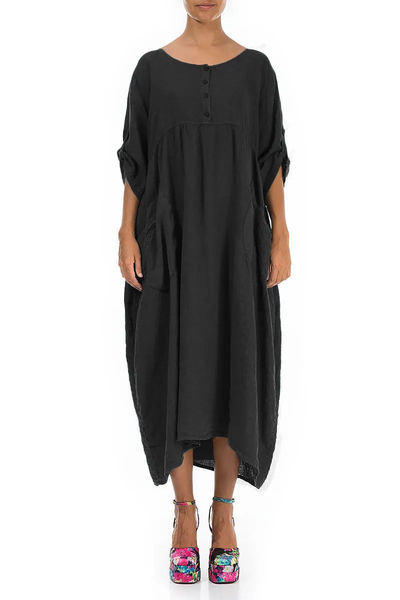 Buttoned Black Linen Dress Spring Glow