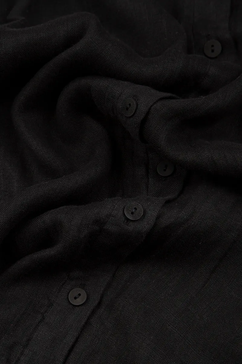 Buttoned Black Linen Dress Comfortable Coat Sustainable Manufacturing