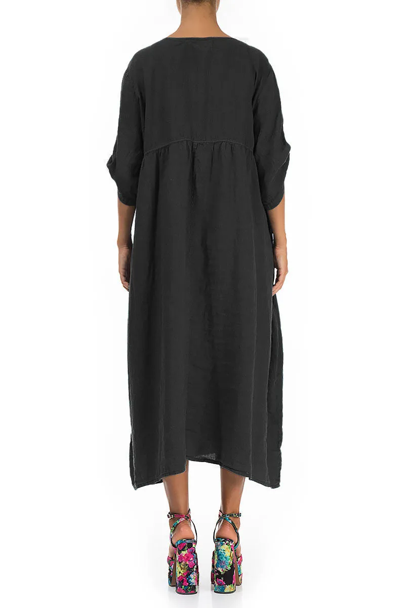 Dance Light Buttoned Black Linen Dress