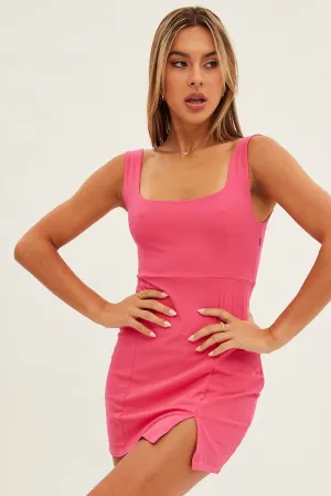 Pink Bodycon Dress Front Split Square Scoop Neck Glow Up NonIrritating