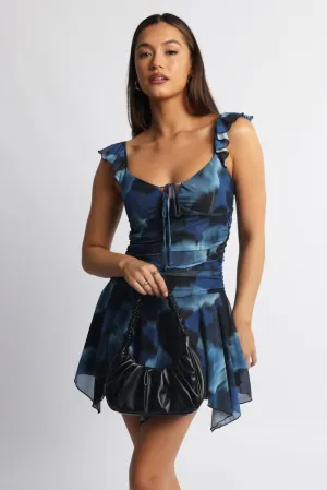 Blue Floral A-Line Dress Frilled Sleeve Mini Lace Light Flow EasyAdjustment