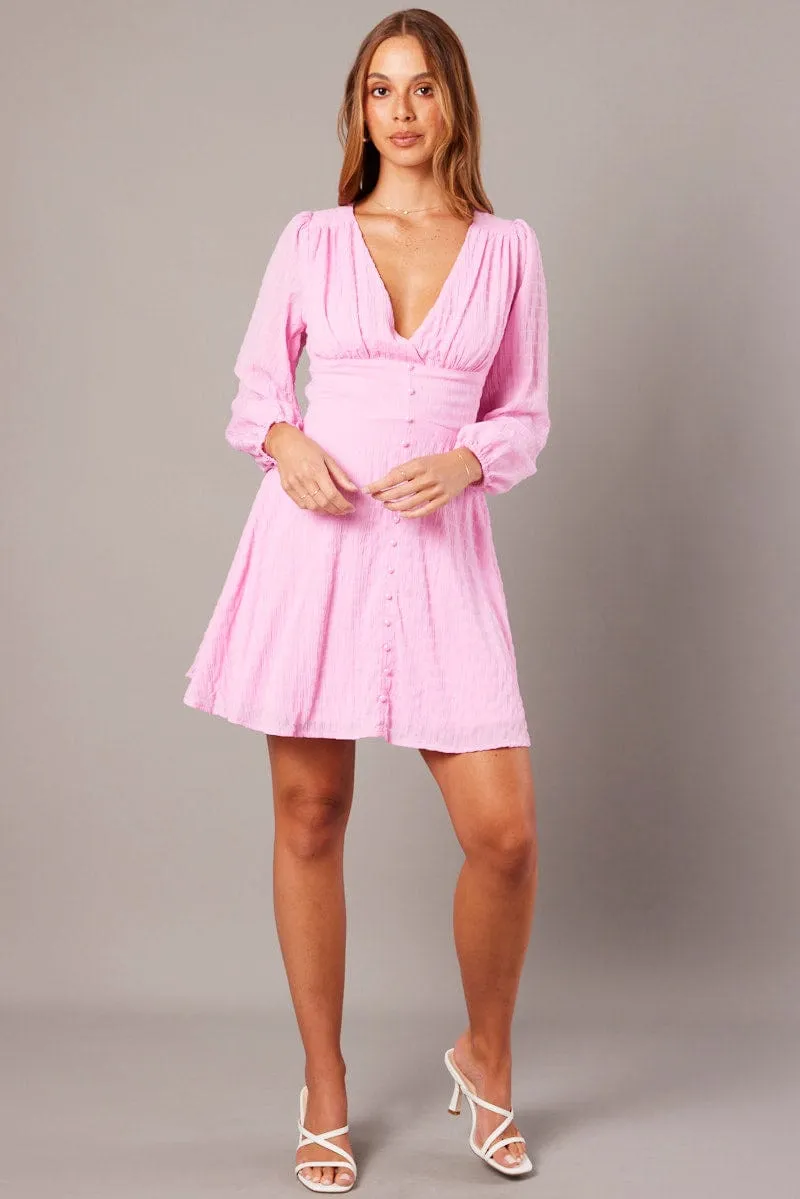 Pink Fit And Flare Dress Long Sleeve Trendy Cut