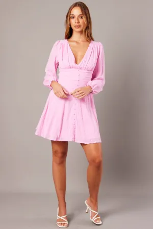 Pink Fit And Flare Dress Long Sleeve Trendy Cut