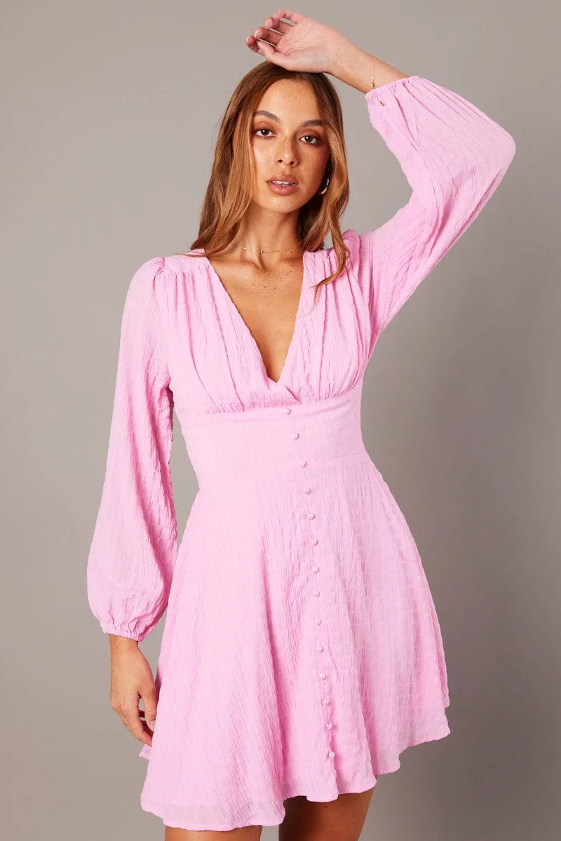 Pink Fit And Flare Dress Long Sleeve Cold Weather