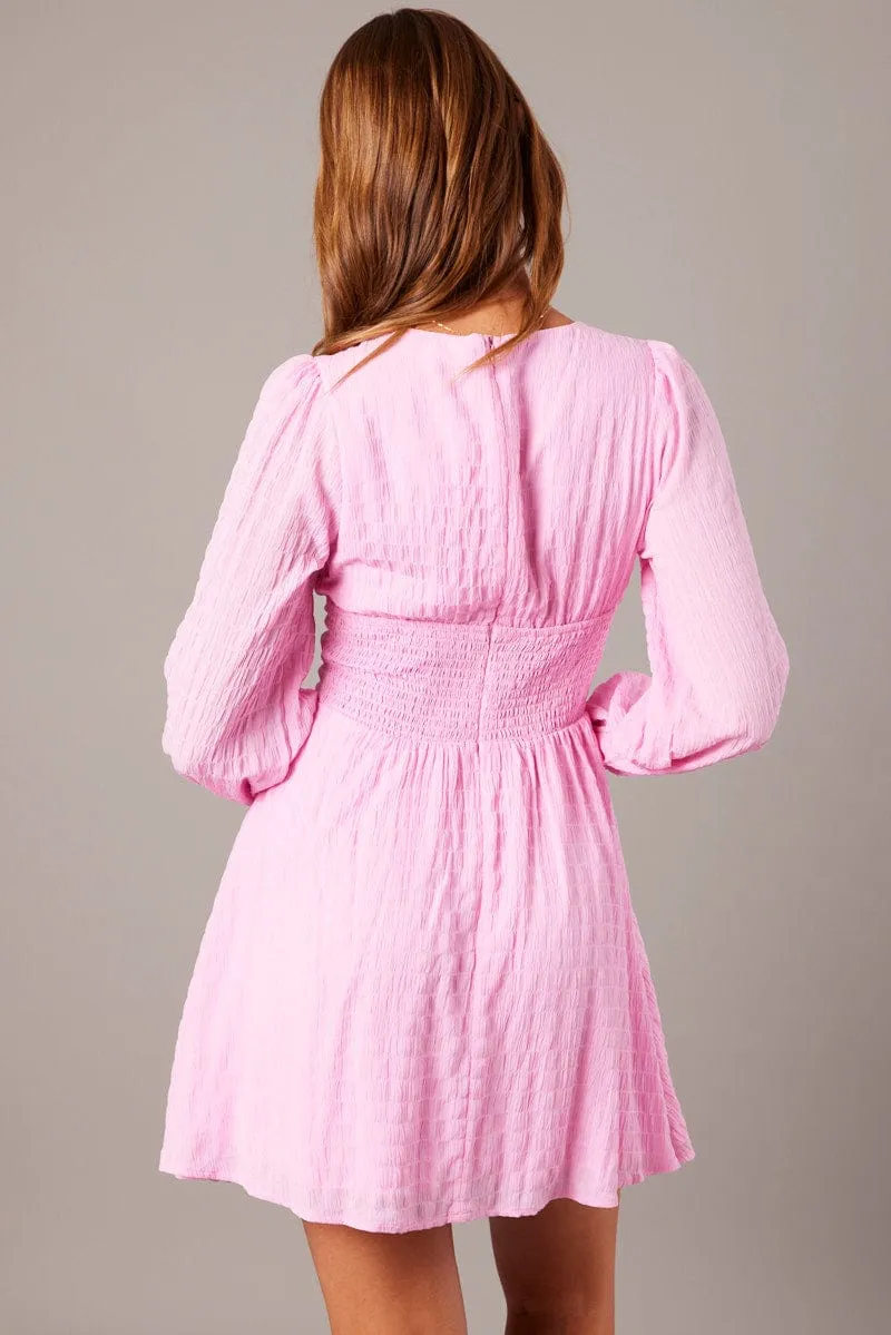warm fleece Pink Fit And Flare Dress Long Sleeve