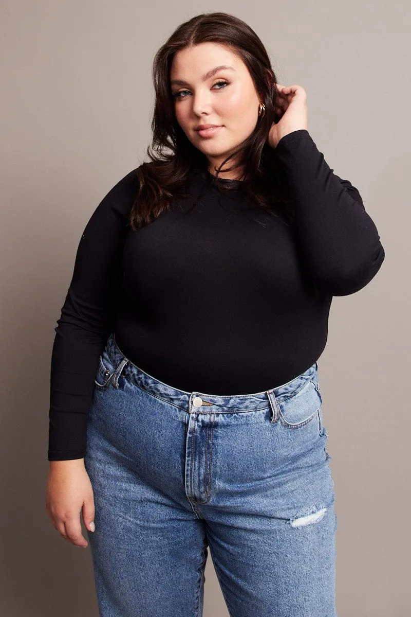 warm fleece Black Bodysuit Long Sleeve Crew Neck Supersoft