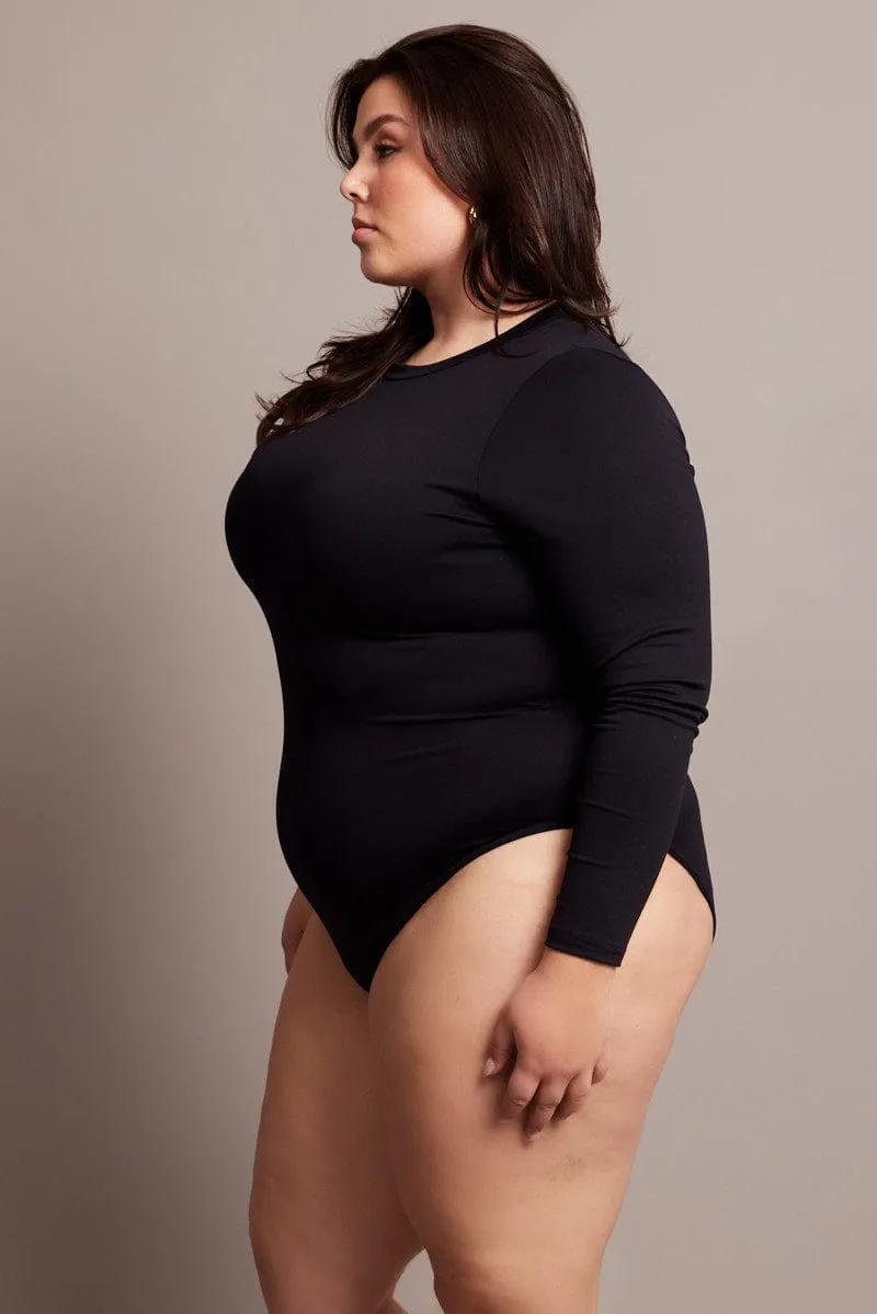 Fashion Layers StretchPaneling Black Bodysuit Long Sleeve Crew Neck Supersoft