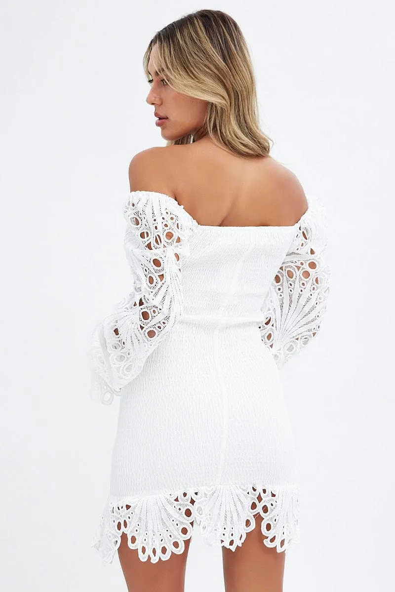 ElasticWaistband White Embroidered Sleeves Shirred Bodycon Dress