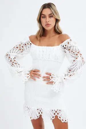 White Embroidered Sleeves Shirred Bodycon Dress Lightweight Material