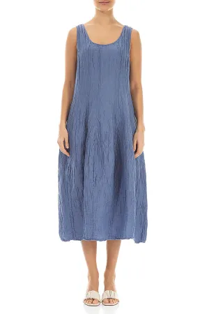 Sleeveless Balloon Crinkled Blue Nova Silk Linen Dress High-Quality Fabric