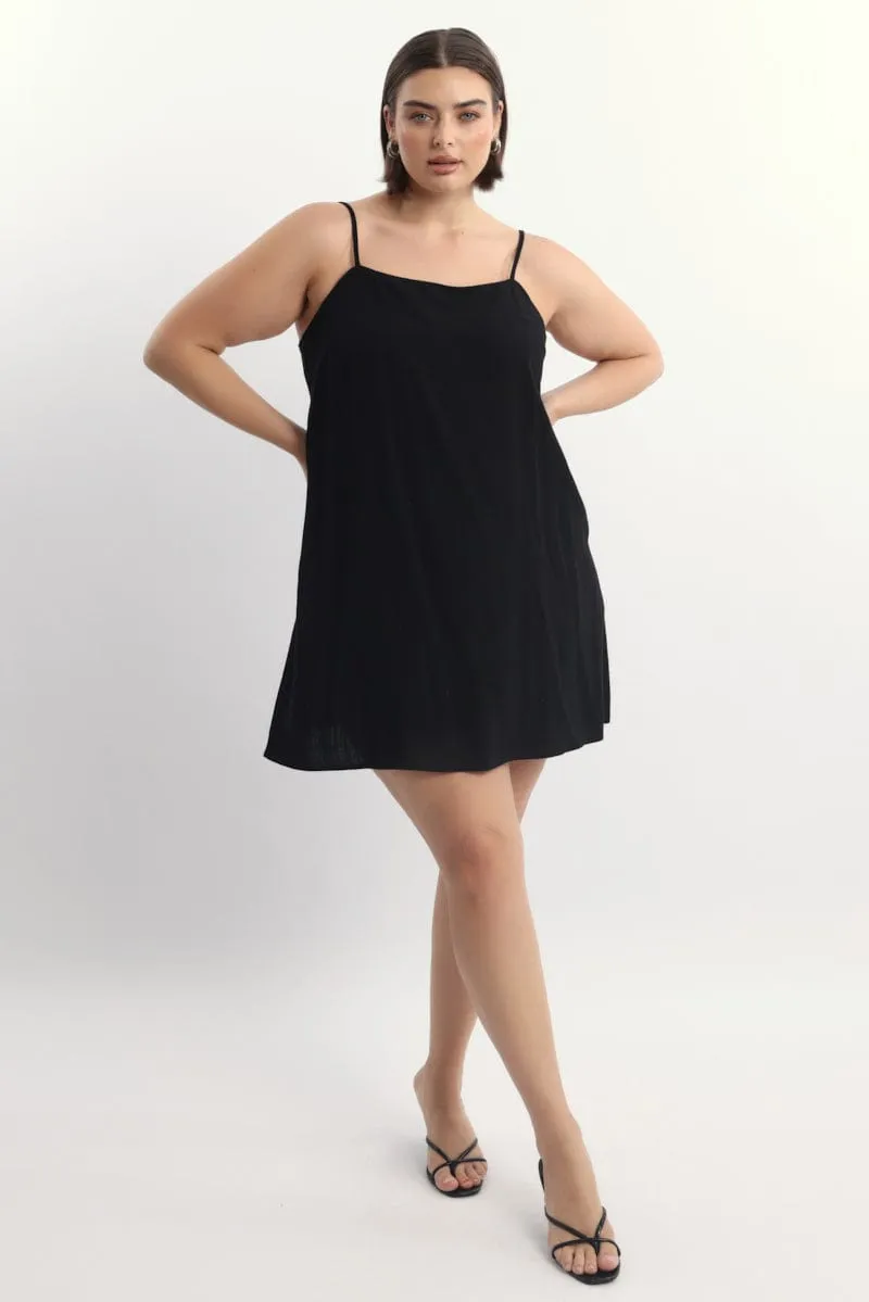 Black Square Neck Shoestring Strap Shift Mini Dress Cozy Look Star Pop