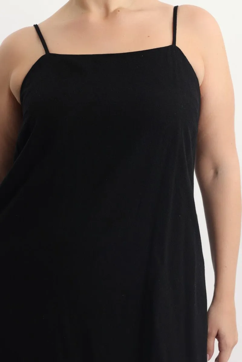 Casual Day Look Black Square Neck Shoestring Strap Shift Mini Dress