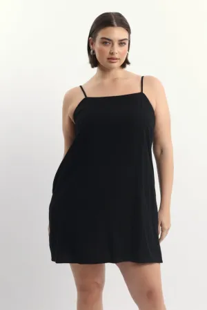 Heat Light Minimalist Closure Black Square Neck Shoestring Strap Shift Mini Dress