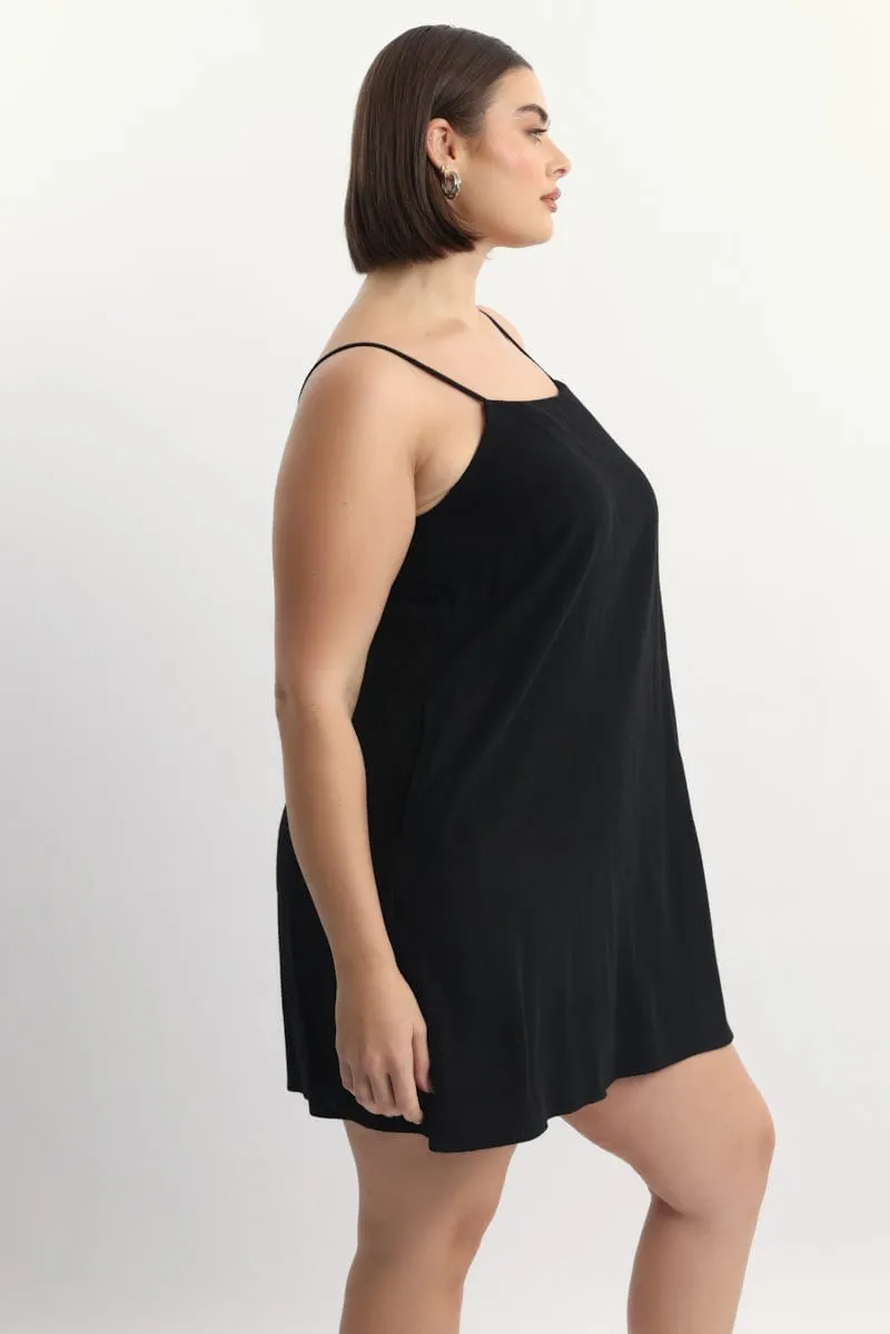 Black Square Neck Shoestring Strap Shift Mini Dress Floral Vibe