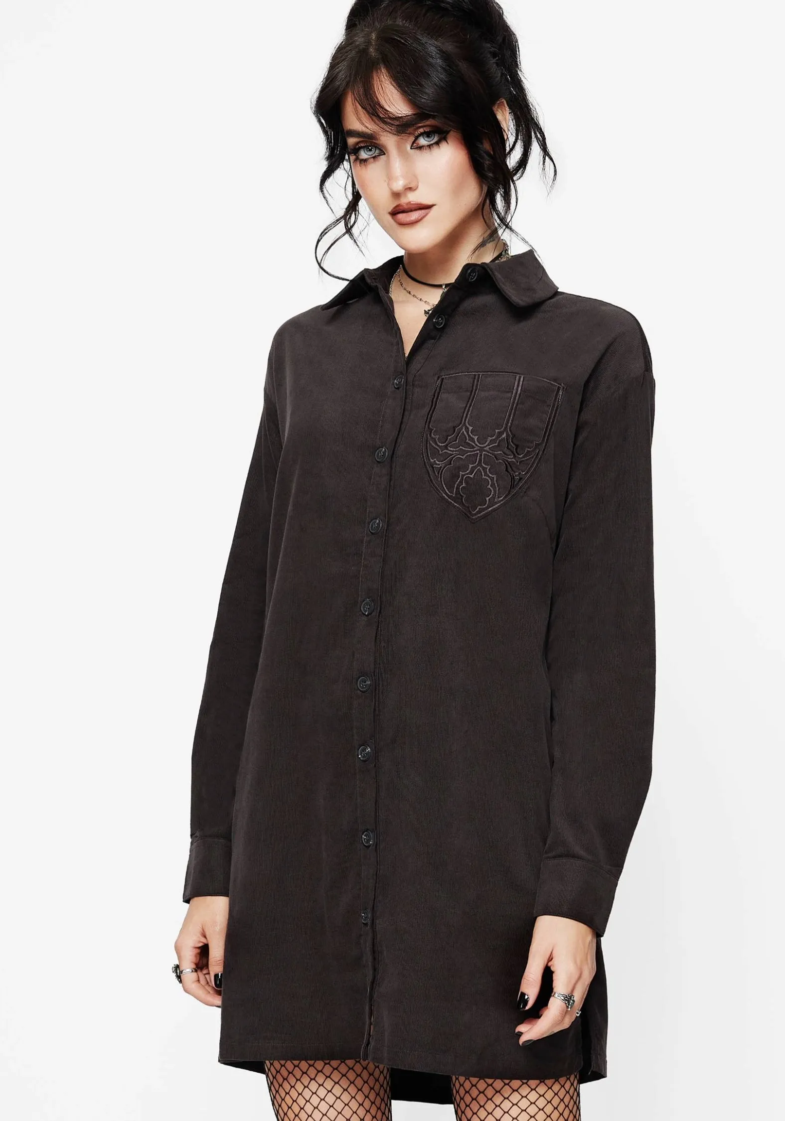 Axis Cotton Pocket Embroidered Mini Shirt Dress Roll Up Sleeve Adaptation
