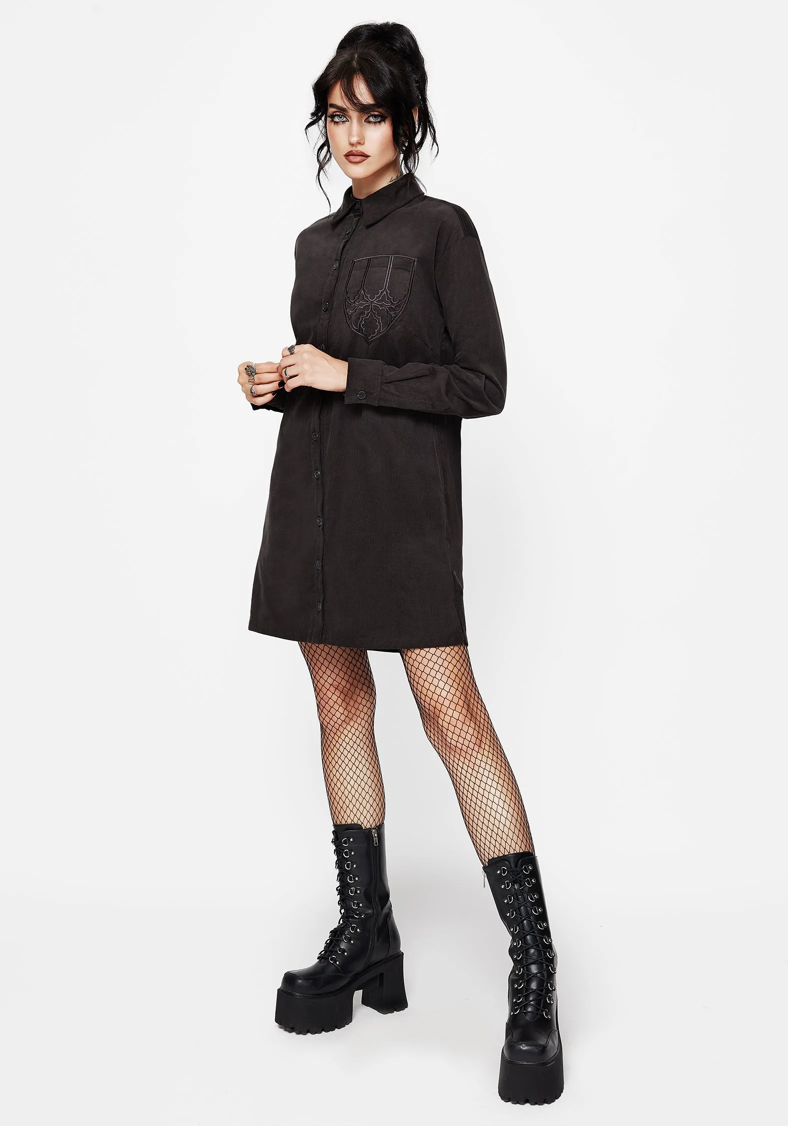 Invisible Zipper Closure Axis Cotton Pocket Embroidered Mini Shirt Dress