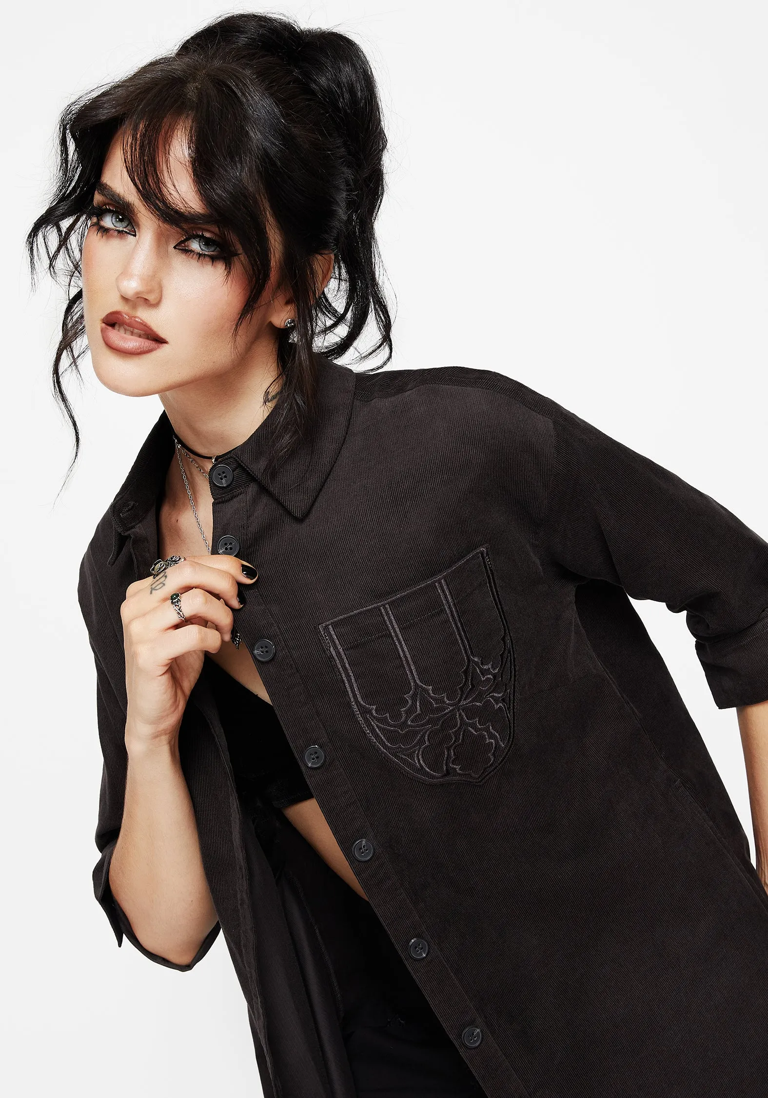 Axis Cotton Pocket Embroidered Mini Shirt Dress Day Wear