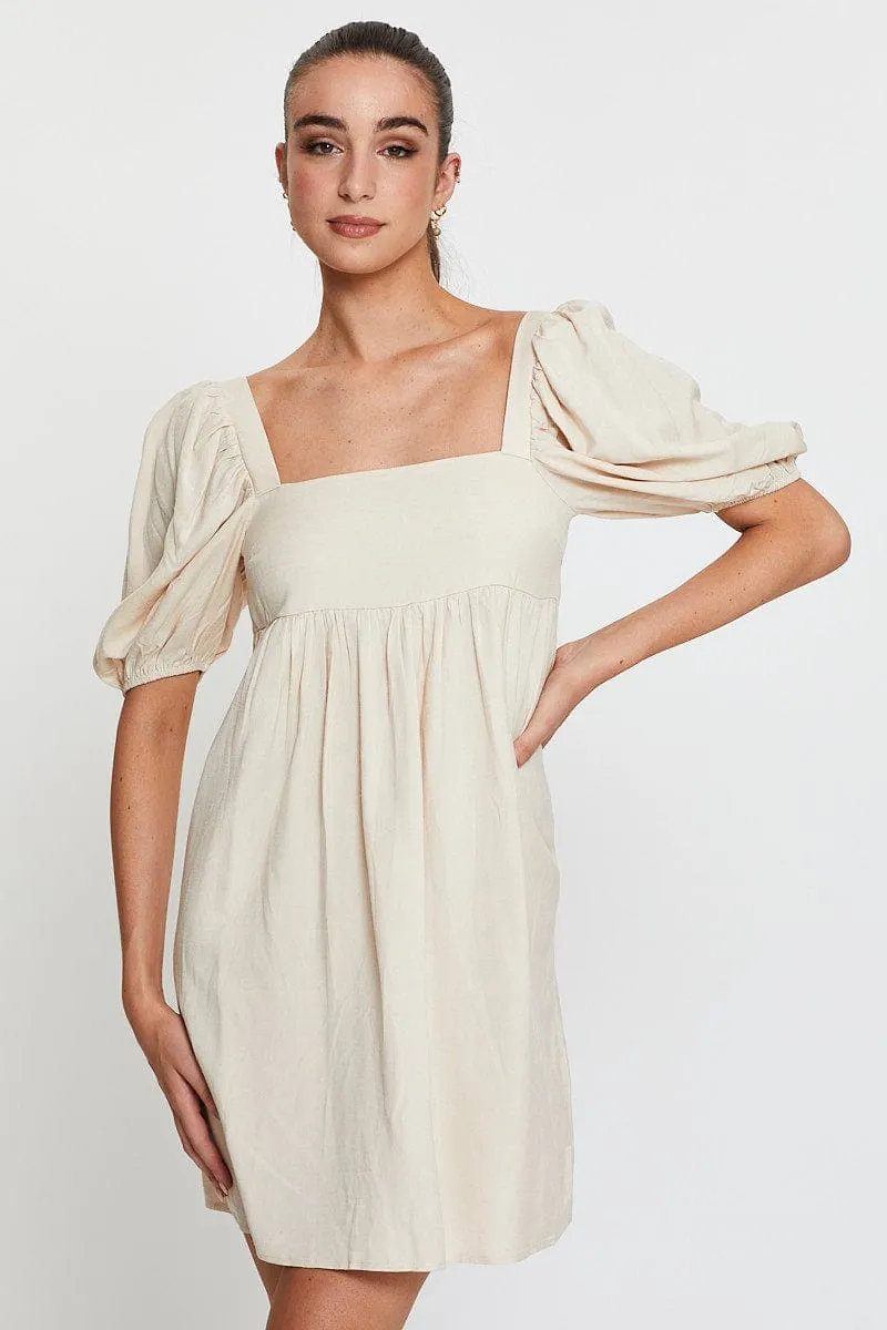 Beige Mini Dress Short Sleeve Square Neck Glow Edge Shine Glow