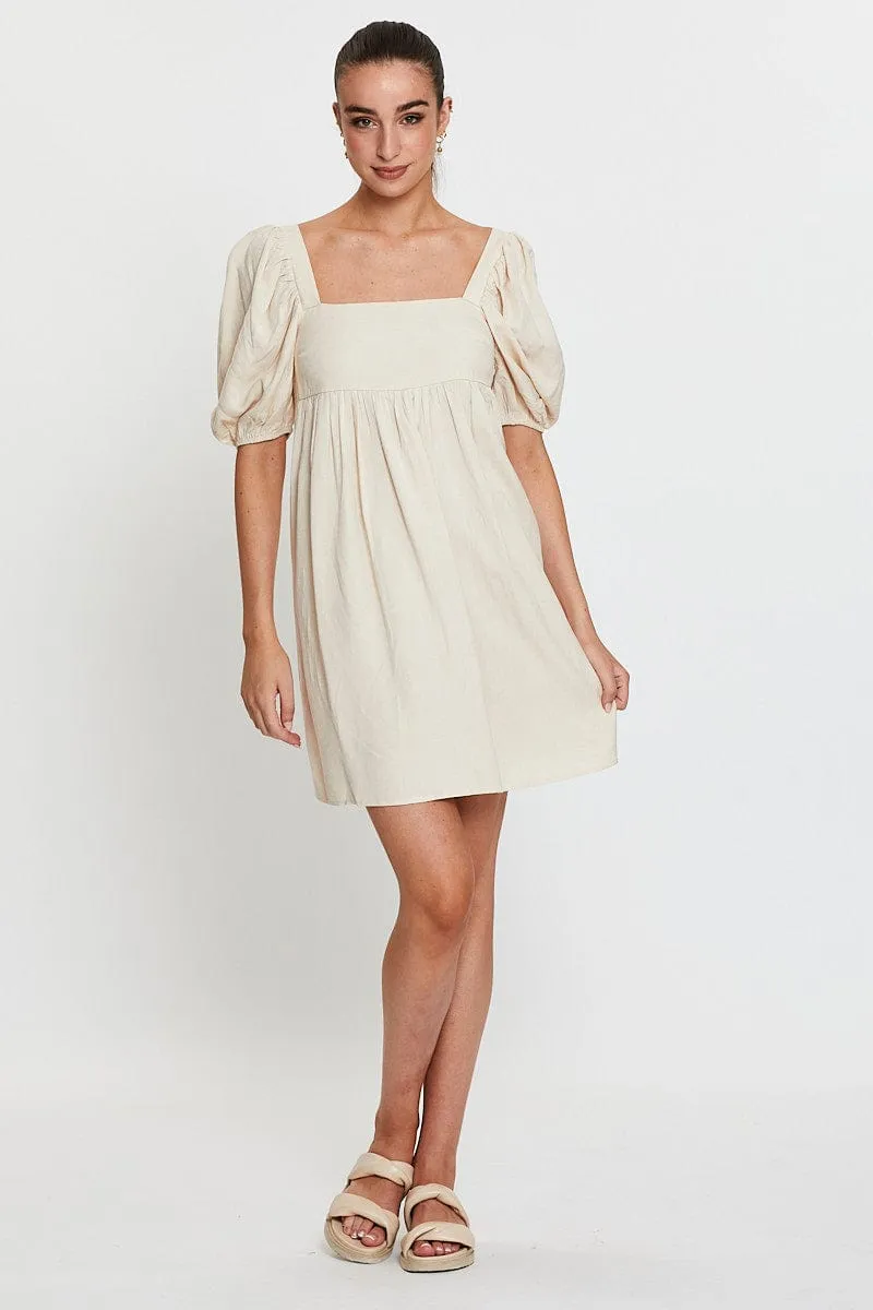 Floral Prints Wear Beige Mini Dress Short Sleeve Square Neck