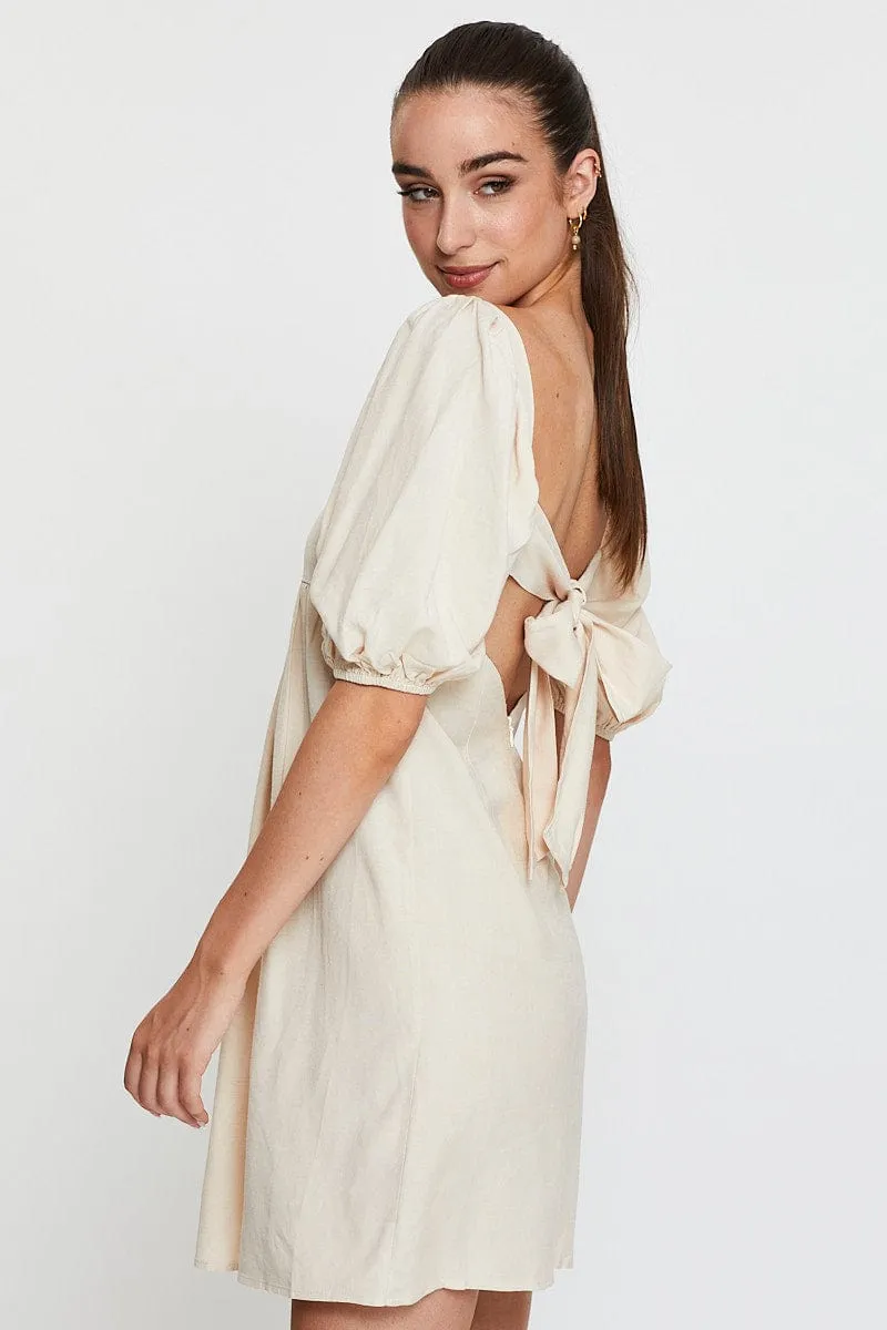 Beige Mini Dress Short Sleeve Square Neck Casual stylish short dress Tagless Labeling