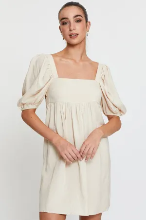 Tagless Labeling Fresh Prints Beige Mini Dress Short Sleeve Square Neck