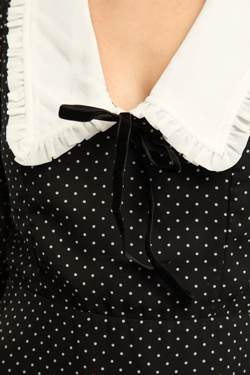 Black Polka Dot Mini Dress Collared High Beat