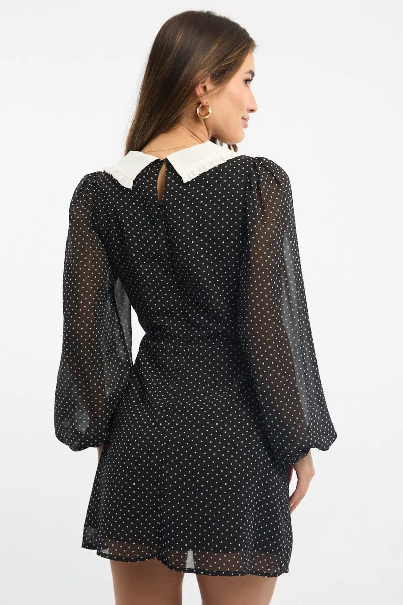 Black Polka Dot Mini Dress Collared Diagonal Draping Effect Club Rush