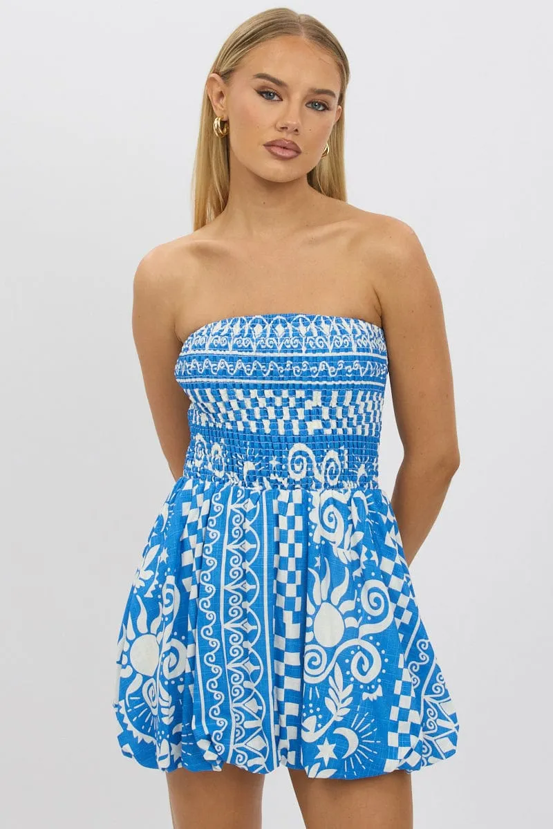 Blue Abstract Balloon Mini Dress Strapless Pose Glow
