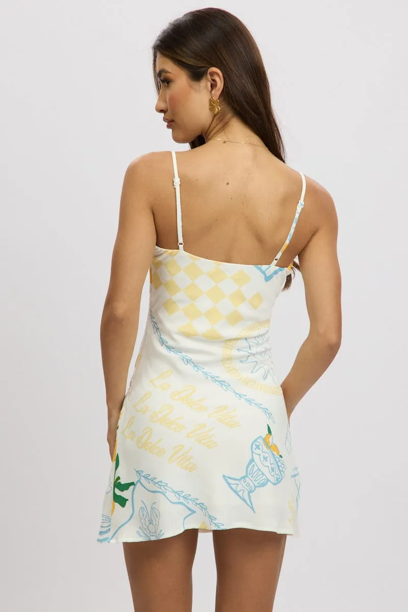Urban Fresh Blue Abstract Mini Dress V-Neck Strappy