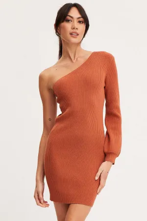 Brown Dress One Shoulder Mini Knit fun mini Club Light