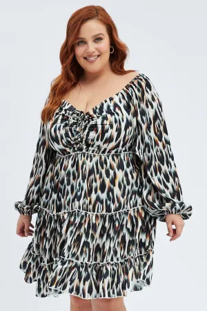 Beat Edge Multi Animal Print Mini Dress Gather Front Abstract Leopard Satin